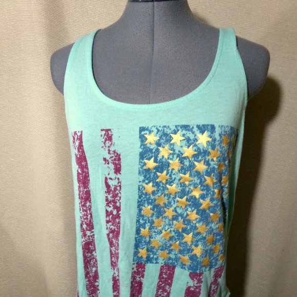 FREEZE Flag Crochet Lace trim Tank Top Jr. L Mint Green Sheer back Scoop neck - Picture 2 of 6